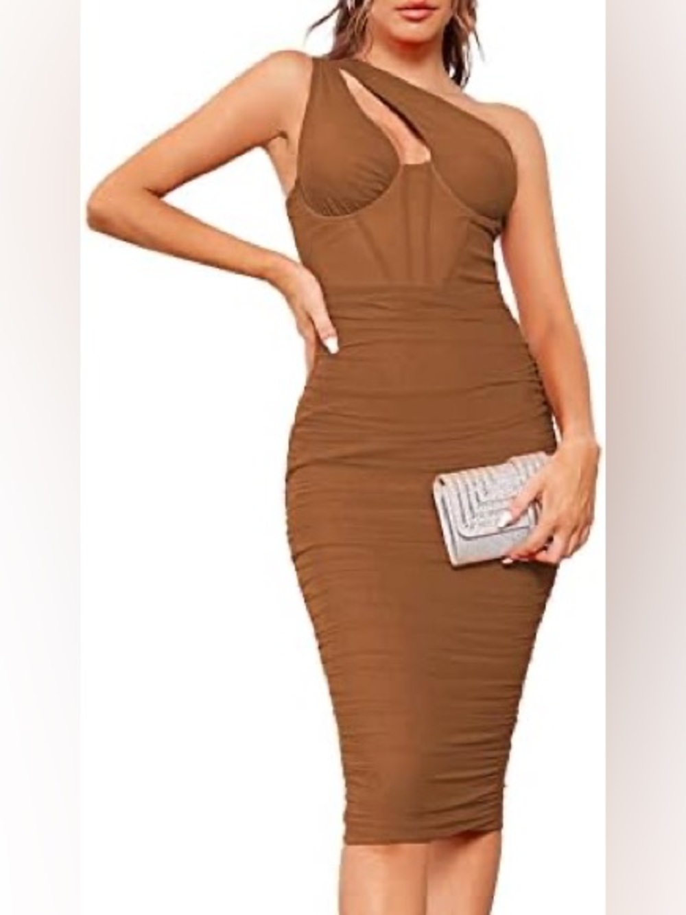 Women's Brown One-Shoulder Ruched Dress
